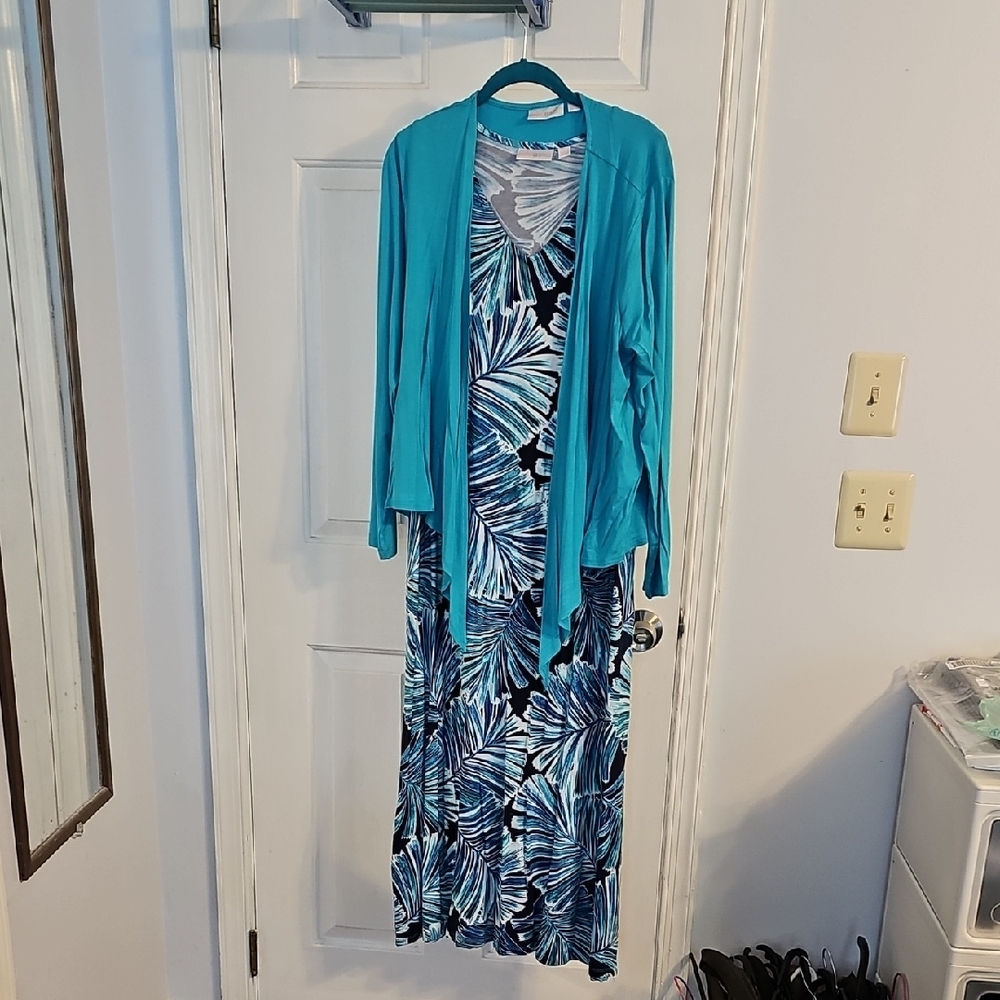 Blue and Black Leaf Print Maxi Dress with Cardigan